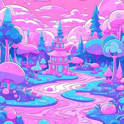 Pink and purple pastel cartoon forest with a magical Victorian teahouse with a garden