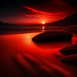 Beautiful dark red sunset over the sea shore at night, intricate, amazing, beautiful, realistic, ultra-high resolution, wide angle, depth of field, dynamic lighting –ar 1:2 –v 5