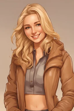 blonde college girl wearing brown riding boots, light tan pants, jacket, standing, smiling, realistic face, symmetrical face