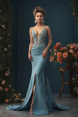 full body woman, from Russian Federation , elegant dress, elegant curled hair , 19 years old ,earring, no make up,8k, Candid avant garde portrait, charming woman, wearing Lovely Flower Diamond Pendant, octane render 3d, plastic material