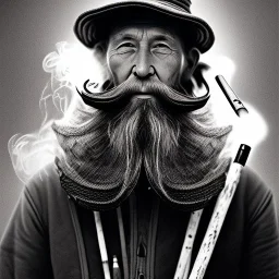 pencil Black and white Portrait of old fishermen sitting on a chair ,long beard, smoke coming out of Classic Briar Wood Pipe ,wearing a bucket hat, fantasy 8k by Van Gogh