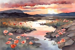 Amazing Sunset, flowers, puddle, rocky land, mountains, epic, winslow homer watercolor paintings