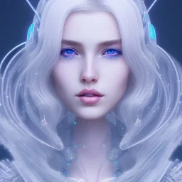 A beautiful portrait of a cute cyberpunk woman long blond hair, pink lips, blue eyes, high key lighting, volumetric light high details with luminous blue and white stripes and feathers