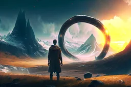 Person seeing a epic expplanet with rings in the valley, cinematic