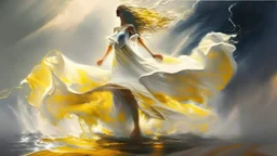 storm clouds, mist, fire and water, barefoot girl dancing in a long white flowing silk american flag dress, rays of yellow and white sunlight.