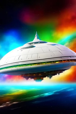 vaisseau mère blanc galactique dans paysage galactique lumineux coloré en approche de la terre