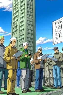 THE LAST GIANTS ON EARTHQUEING UP OUTSIDE CITADEL WAITING TO SIGN DOCUMENT FROM SMALL HUMANS STYLE OF HIROKU OGAI