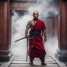A Tibetan gangsta monk with full-body tattoos, standing defiantly in the ornate wooden doorway of an ancient Himalayan temple. He is holding a gleaming, bloody machete in one hand. surrounded by incense smoke and fog curls around him, blending with heavy mountain mist.