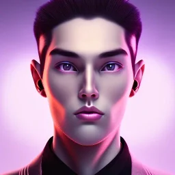 man, cute face, white highlight hair, brown eye, white, skin, purple suits, futuristic, science, purple, blue, dark pink background lighting, technology, profile, asian boy, square face, orange backlight