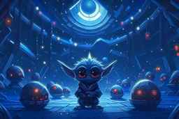 fluffy happy big eyed baby dragon sith lord in the Death Star space hall in second death star with few Tie Fighters and space ships ready to lunch and a view to a star wars planet, and christmas tree and sith gifts, cinematic eye view