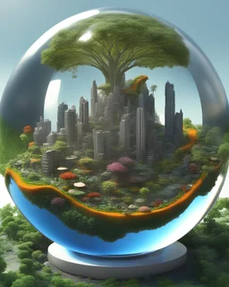 Imagine a perfect micro cosmos inside a glass sphere, in the sphere we see micro nature, micro cars that fly, micro buildings and skyscrapers, micro roads made from mud, micro trees of fruits, micro vegetable fields, micro flora, micro fauna, all of it coexisting in perfect harmony, best Unity engine, realistic fantasy, dynamic colors, 8k.