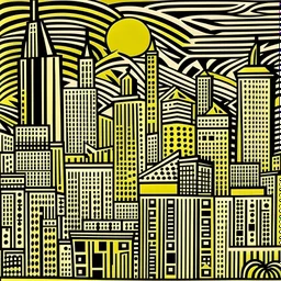 A light gold city designed in ancient Egyptian hieroglyphics painted by Roy Lichtenstein