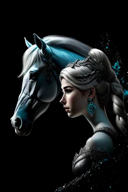 Princess Elsa from the movie Frozen with a very beautiful white horse on a black background, 1 image that has prestige, beauty and shine ultra detail