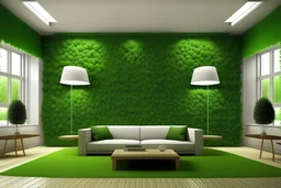 front view symmetrical, large room, front wall with artificial dark green moss, white side walls, mockup