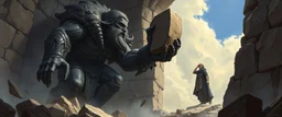 epic fantasy illustration, black giant enoch throwing stone sculpture into wall