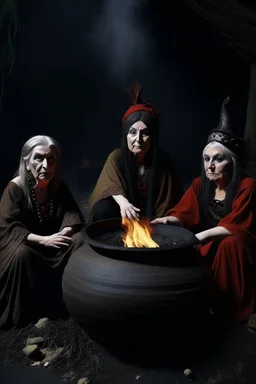 The three witches from macbeth dressed as Spanish gypsies sitting around a streaming cauldron