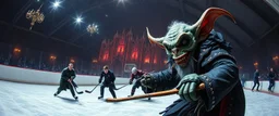 pin hole cam, master oil painting by Rembrandt, d&d glam rock and glitter vampire gremlin illithid and lich playing hockey in ice skating hall or church