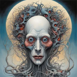 It doesn't have a face but it knows where to find one, reflective, surrealism, by Gerald Scarfe, by Tomasz Setowski, by Johnson Tsang, stylish, vivid colors, Socratic method, dark shines, color ink illustration, album art, horror