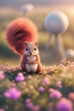 plexi glass tower, portrait of a cute fluffy wolly squirrel with an open parachute holding weird flowers in the style of pixar, on a strange planet with weird colors and wind turbines, bokeh like f/0.8, tilt-shift lens 8k, high detail, smooth render, down-light, unreal engine, prize winning