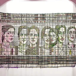 A Wide Panel in which 5-6 potraits are deveped with Wool threads tapestry artwork connected with each other through threads,