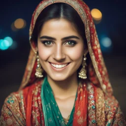 Pakistani Pushto young-woman smiling & has beautiful lenses with traditional dress at night