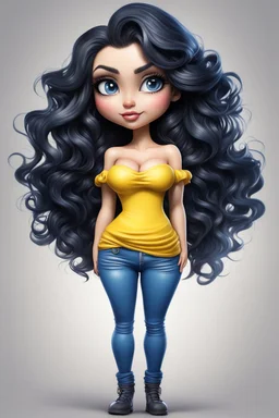 Create an airbrush image of a curvy chibi cartoon white female wearing tight yellow jeans and a blue off the shoulder blouse. Prominent make up with hazel eyes. Extremely highly detailed shiny black wavy hair flowing down her back