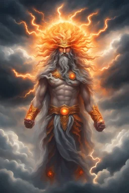 picture of a "god of the weather" who has long hair made of clouds. he also has glowing orange eyes that look like they're 2 suns. his body is made out of storm clouds with bits of lightning inside, his body also has glowing orange cracks all over it that look like they're made of the sun. he has greek god clothes on that are completely made of ice. his clothes also have an icy look to them as they shine in the sun