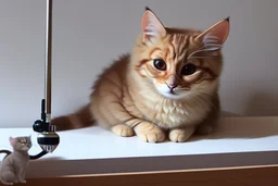 cute fluffy chibi beige cat with a giant thermometer in a modern room in sunshine