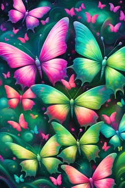 vibrant psychedelic oil painting image, airbrush, 64k, cartoon art image of background GREEN AND PINK BUTTERFLIES , futurism style
