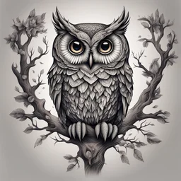 tattoo of a mystical owl perched on a tree branch full body head on front view