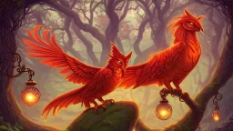 Slavic mythology enchanting garden with lush greenery and beautiful stone winding paths with small lanterns in the trees. It's twilight. Depict only one creature: the Firebird. The body of the Firebird is adorned with feathers of vibrant red, orange, and gold, each one glowing with an otherworldly brilliance.