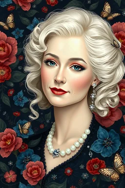 Raymond Swanland floral pattern, dark blue and red flowers, tiny diamonds and sapphires, pearls, fluffy white feathers, ivory blond curls, a slight smile on his face, realistic, intricate details, elegant digital illustration, painting, transparent background, whimsical, pastel, butterflies, muted colors, silver shiny accents. Josephine Wall, Queen Anne, Gustav Klimt. colorful