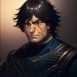 wise man anime character, physically fit, scars, dark hair, dark eyeshadow,black eyes, soft round eyes, 8k resolution, cinematic smooth, intricate details, vibrant colors, realistic details, masterpiece, oil on canvas, smokey background