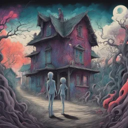 no text, curious nightmare creatures approaching a house, surreal, sinister, profound, dramatic, modern anime, color pen and spray-paint, intricate detail,