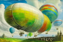 A white sky filled with rainbow airships painted by Vincent van Gogh