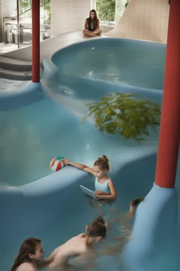 girl with messy bun sitting on a desk working on het laptop. While children are playing in the pool.