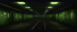 Inside the old subway tracks, . Low light and closed green moss walls. Like the original design of the game space ,digital art.landscape,far camera old painting,2 Chen and George Hopper, Rembrandt lighting, a dark green color scheme, ethereal light. --ar 13:16 --v 6. 0 metro game