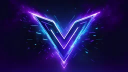 A cyberpunk logo. Letter V. Purple and blue neon. Glowing dust particles.