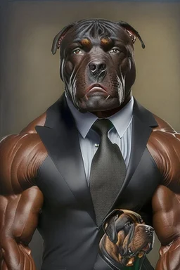 Bodybuilder Lee Haney with the face of a Rottweiler dog A dog's head instead of a person's head Only the player's body with a bulldog head on it He wears a luxurious black suit and holds a luxurious cigar The suit covers the body. In the mouth of the dog there is a luxurious Rottweiler dog head Remove the head