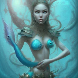 sango fantasy, fantasy magic, intricate, sharp focus, illustration, highly detailed, digital painting, concept art, matte, artgerm and paul lewin and kehinde wiley, masterpiece sexy lips Asian lady fish body mermaid turquoise space lady beach sea under water