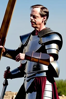 steve buscemi in greek armor at the fall of the city of Troy trebuchet high quality high detail