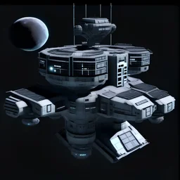 digital art of a realistic grey space station, viewn from a distance, black background