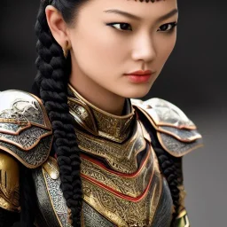 beautiful young asian queen with black armor, delicate black braided hair with ponytail, glass eyes, highly detailed, 8k, ambient light, taylor swift