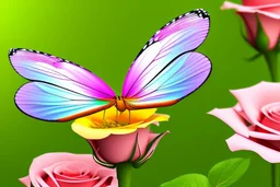 vibrant butterfly, its wings reflecting the rainbow, settled on a dew-kissed rose in a lush garden, with a warm and lively atmosphere"