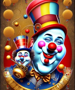 happy old friendly fat clown with round head and trimmed beard playing jazz with a steampunk theme, circus, realistic