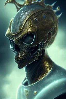 black male African alien, cracks in the head, wicked, Asian eyes, crown, blood, 8k, finely detailed, photo realistic, Boris Vallejo style turquoise skull head gold dragon space alien rain skeleton gold tooth silver helmet silver space suit spaceships