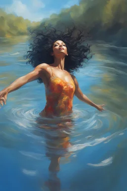 Abstract image of a beautiful woman with curly black hair floating in a river, looking up to the sky, arms stretched out, looking greatful, clear blue sky's, bright colours, 8k, super realistic, crystal clear waters