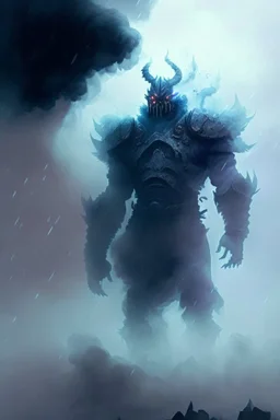 fog and smoke in a shape of a monsterous humanoid and a colour of a storm wearing a scalemail armor