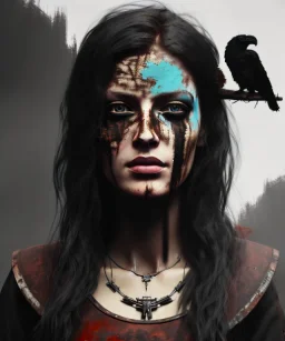 an abstract painting of rusted wood and ravens, Viking style, 8K, a Highly detailed stunning portrait of a woman, a realistic face