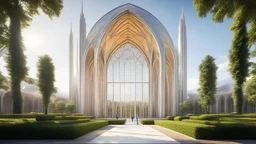 futuristic fantastic symmetrical cathedral external view in peaceful parkland, year 2160, sunshine, beautiful, colorful, totally symmetrical design, style Shigeru Ban, innovative architecture, award-winning photograph, awesome, serene, inspiring, spiritual, impressive, cinematic lighting, epic composition, photorealism, very high detail, Unreal Engine, Octane render, HDR